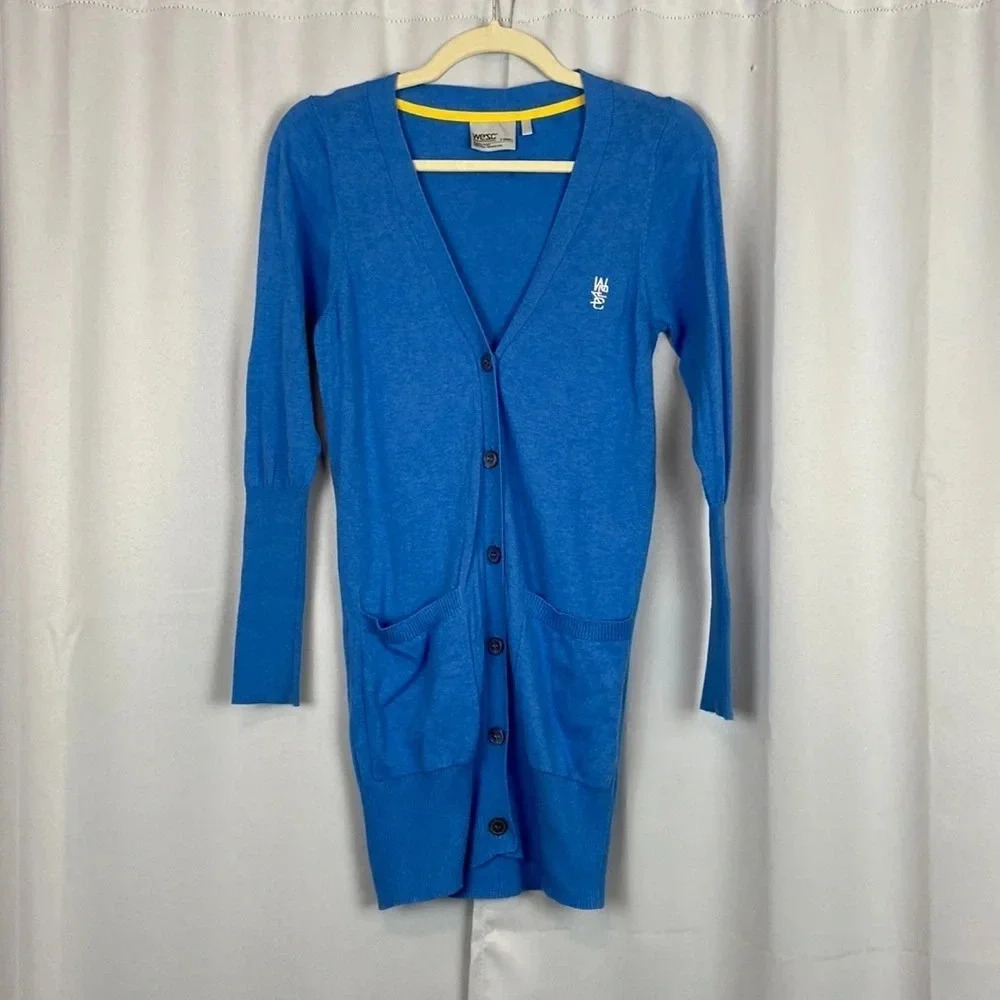 WESC Women’s XS Blue Button Down Up Pockets Long Sleeve Stretchy Cardigan